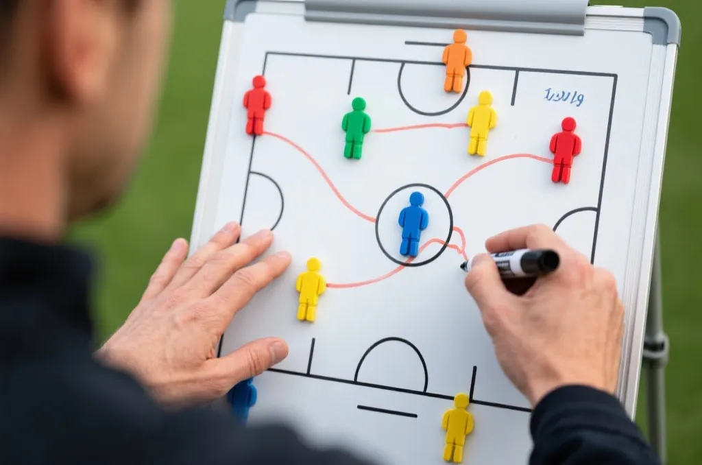 A close-up of a soccer tactical whiteboard with colorful magnetic team pieces, strategy lines drawn with a marker, hands of a coach explaining