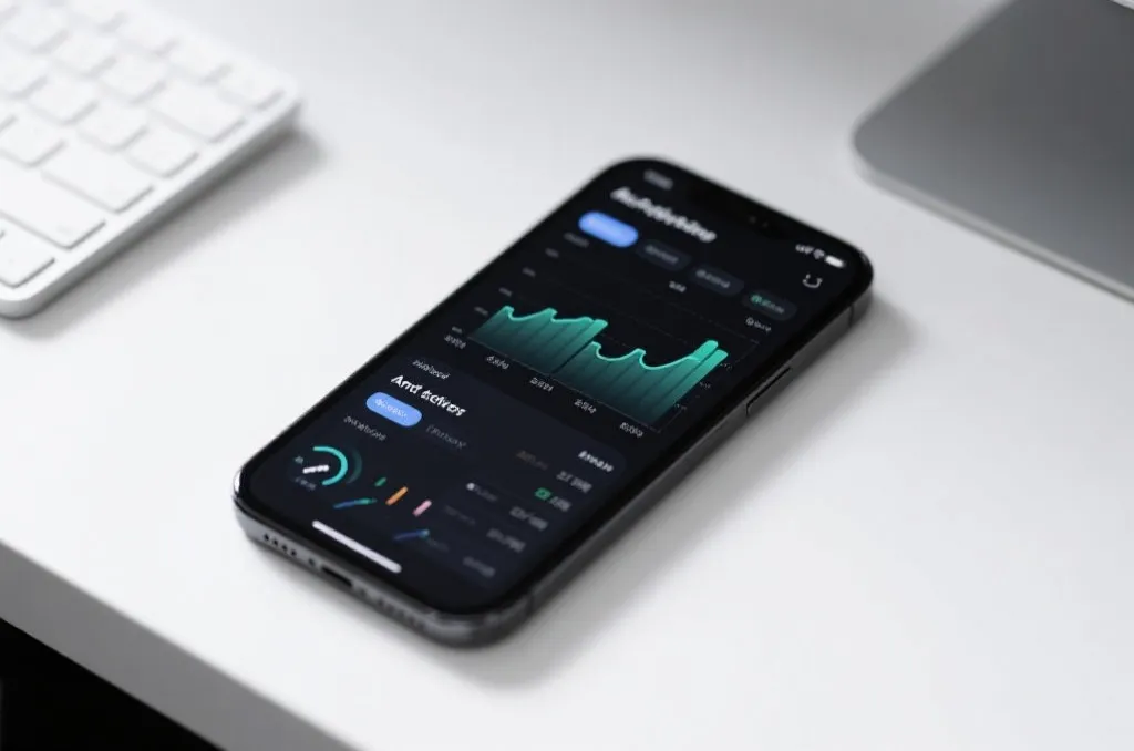 A sleek modern mobile application interface showing sports analytics and statistics on a smartphone, clean desk setup, minimalist background, professional lighting